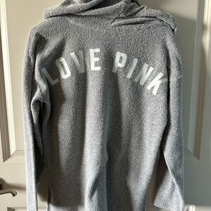 PINK Victoria’s Secret Lace-Up Hooded Sweater Pullover Gray Logo Back Size S